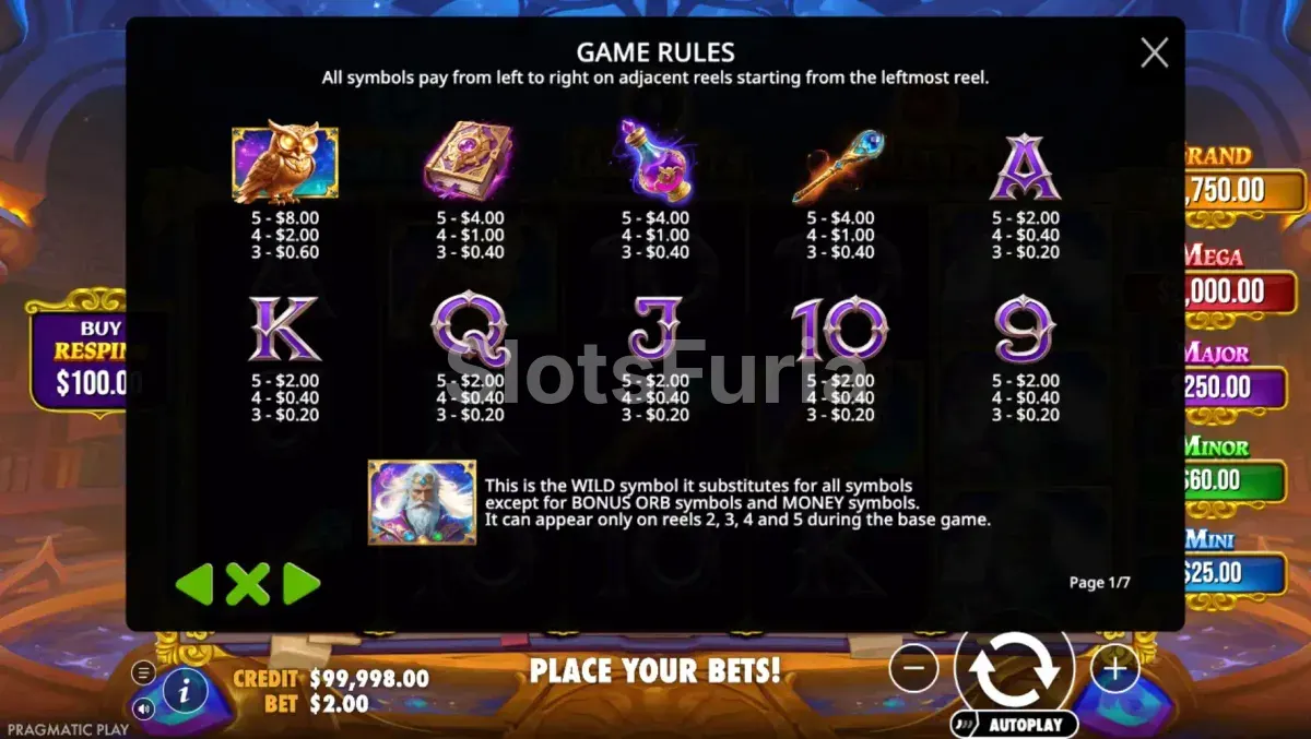 Tabla de pagos de Spellmaster con todos los símbolos y sus valores
