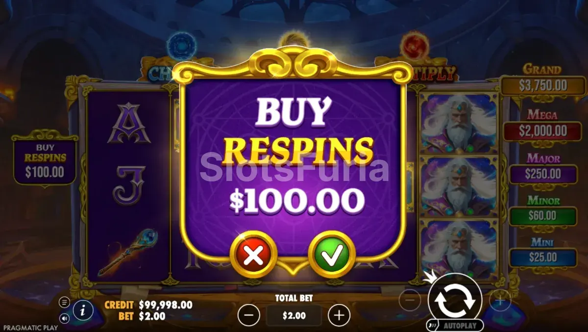 Pantalla de compra de bono en Spellmaster de Pragmatic Play