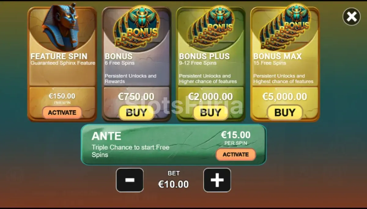 Pantalla de compra de bonus en Sphinx Treasure con las opciones disponibles