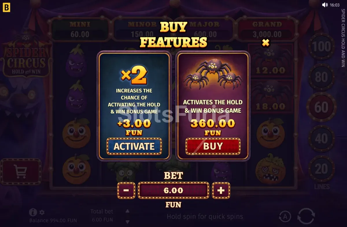 Pantalla de compra de bono de Spider Circus Hold and Win