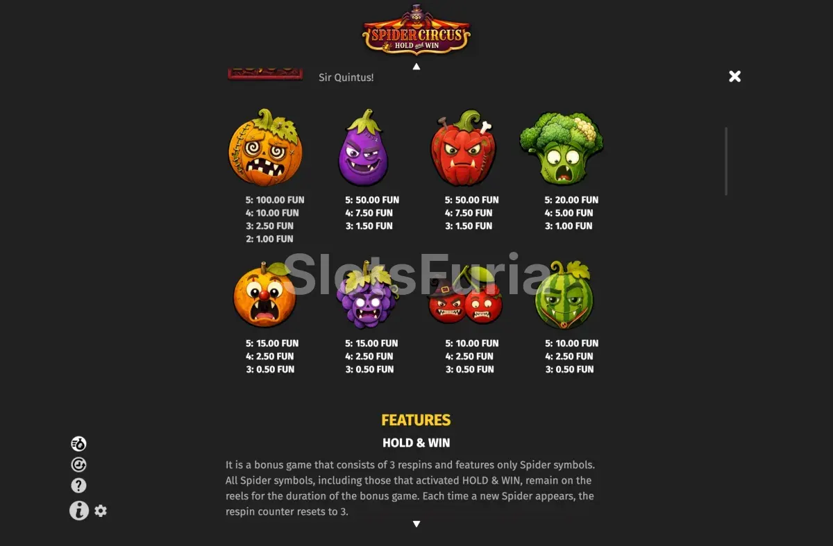 Tabla de pagos de Spider Circus Hold and Win con símbolos de frutas