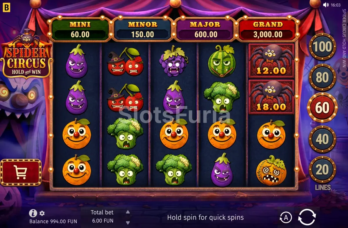 Juego base de Spider Circus Hold and Win con la cuadrícula de 5x4