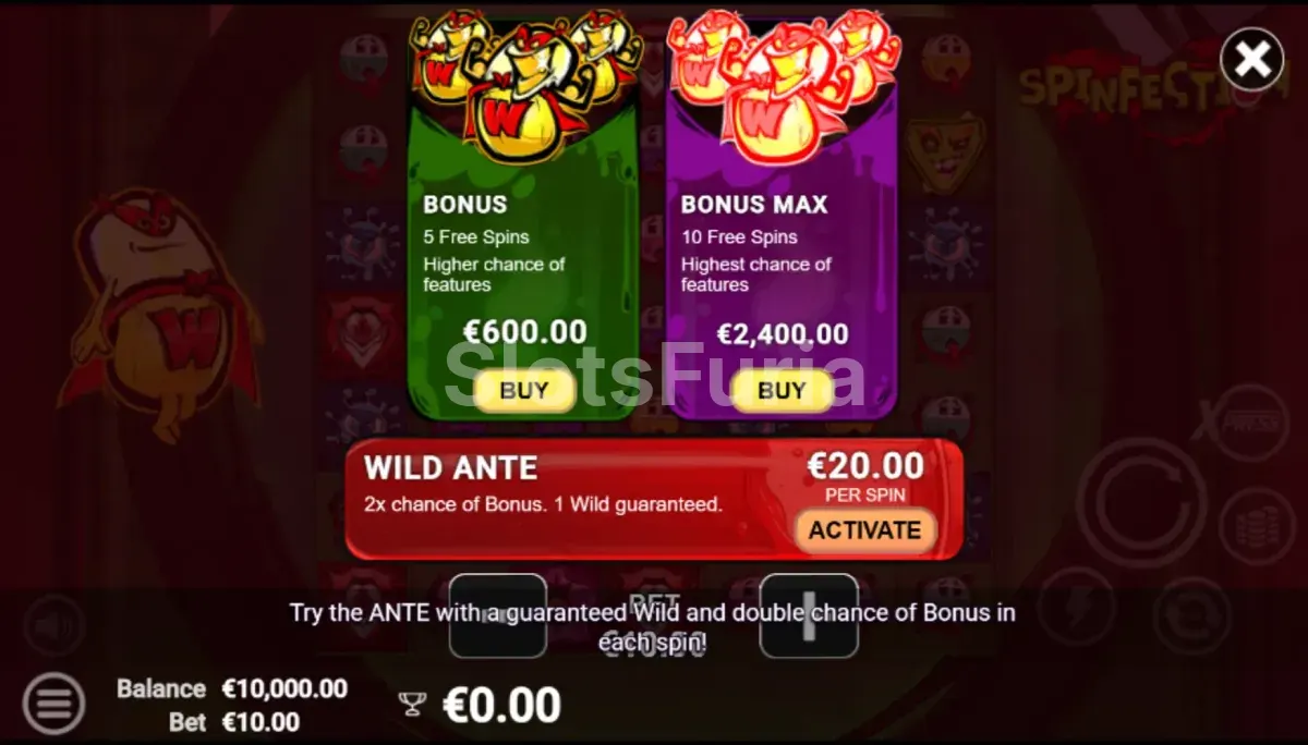 Pantalla de compra de bonos en Spinfection de Avatar UX