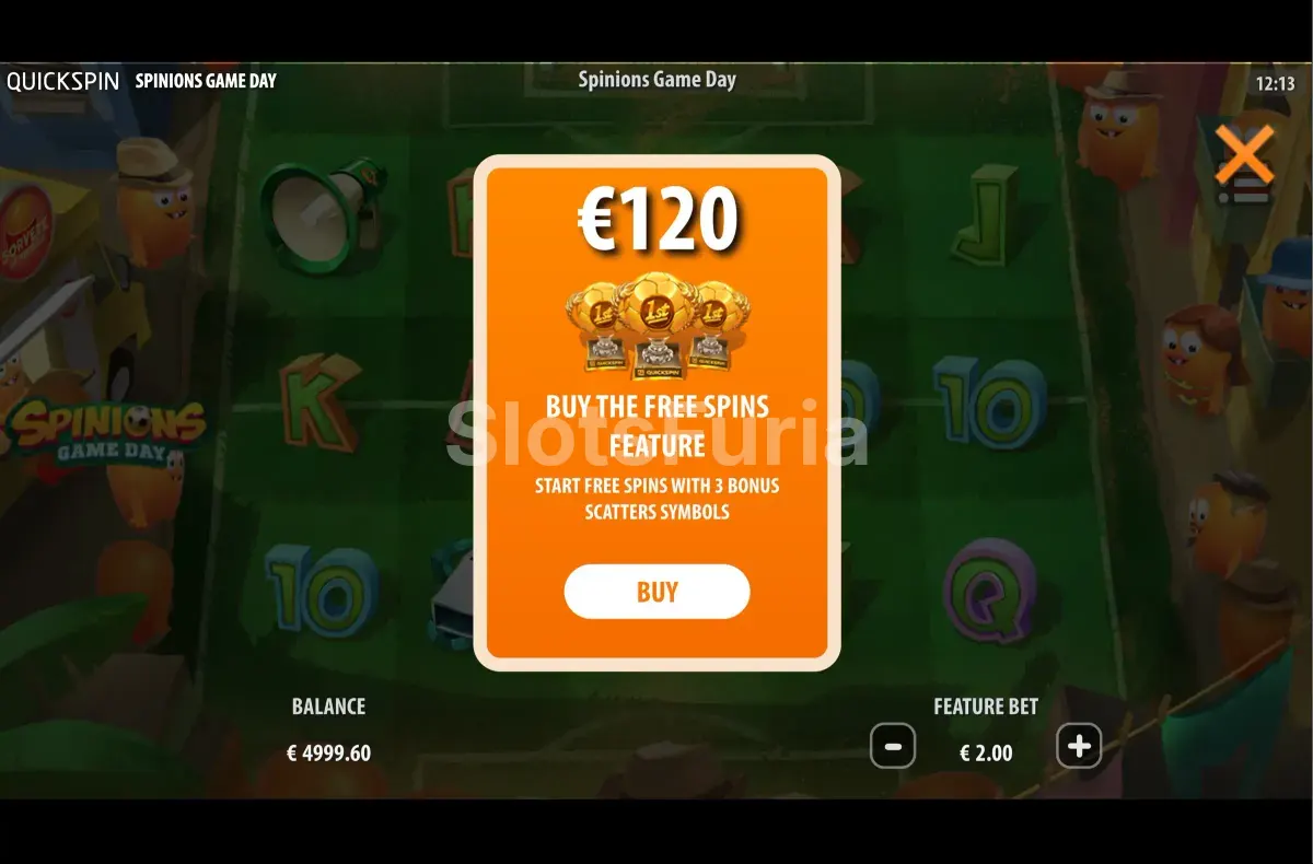 Pantalla de compra de bono en Spinions Game Day de Quickspin