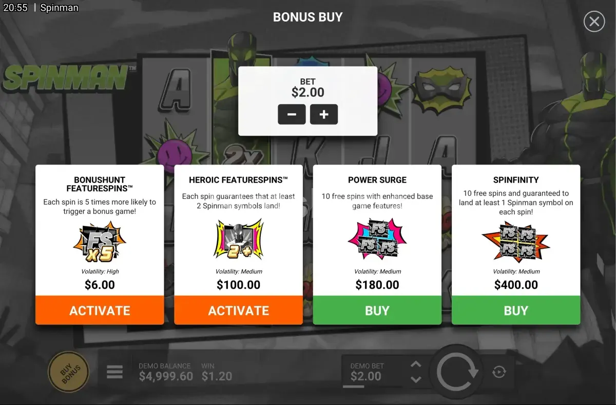 Función de compra de bonus en Spinman de Hacksaw Gaming