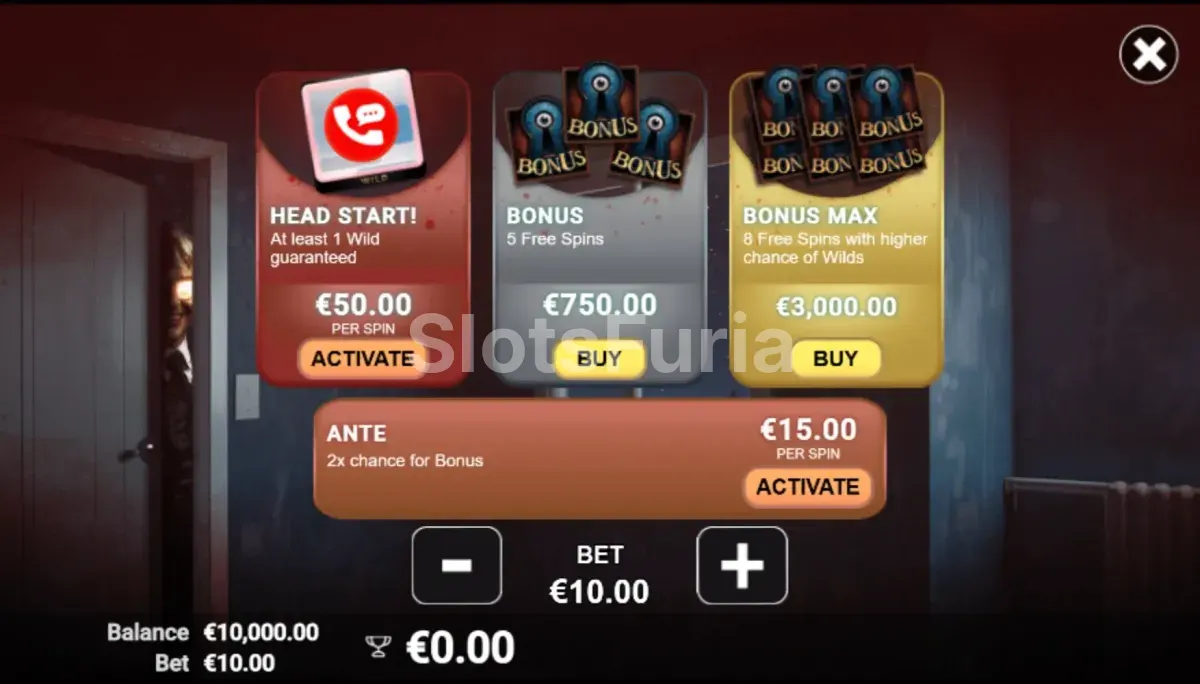 Menú de compra de bonus en Spinxiety con todas las opciones disponibles