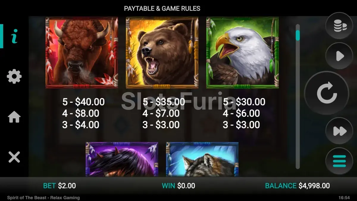 Tabla de pagos de Spirit of the Beast con los símbolos de animales salvajes