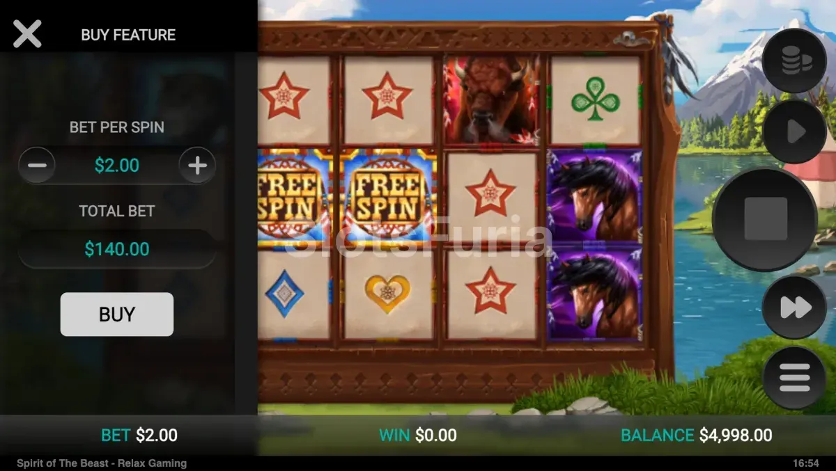 Pantalla de compra de bonus en Spirit of the Beast con el coste en pantalla