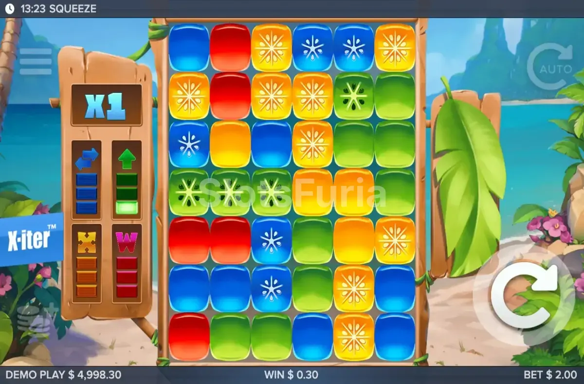 Pantalla principal del juego Squeeze con su rejilla tropical de 6 columnas y 7 filas