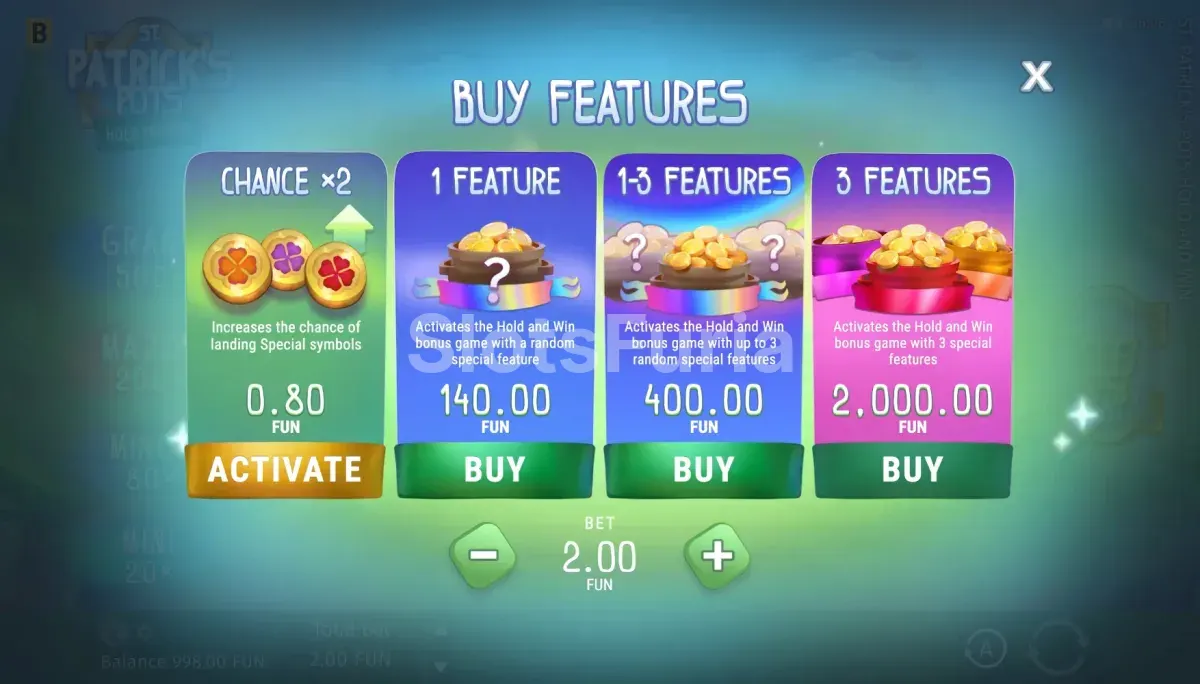 Pantalla de compra de bono de St. Patricks Pots