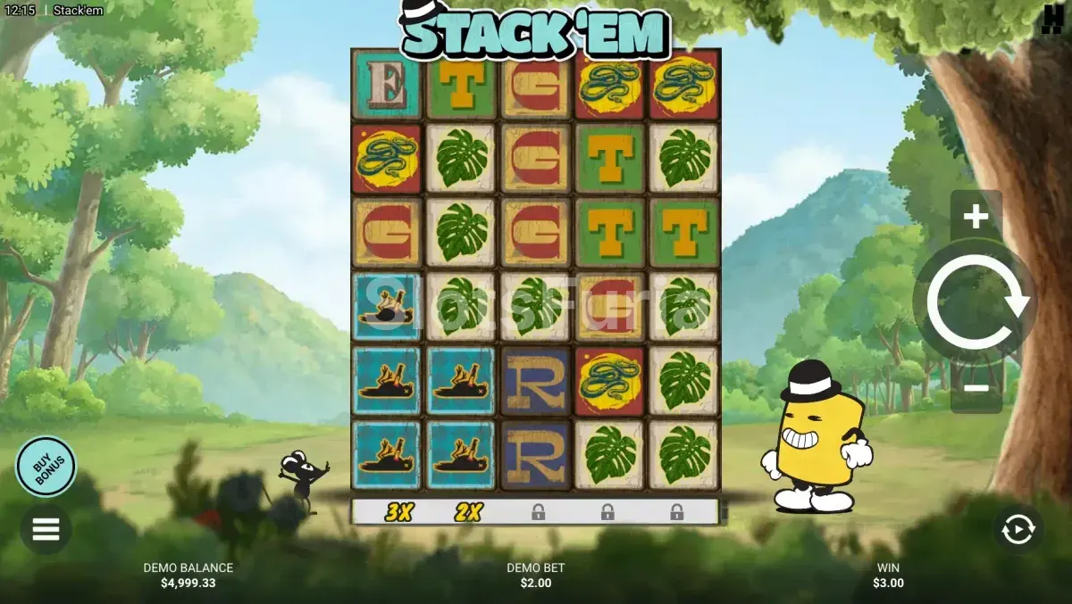 Pantalla principal del juego Stack 'Em con la cuadrícula de 5x6 en acción