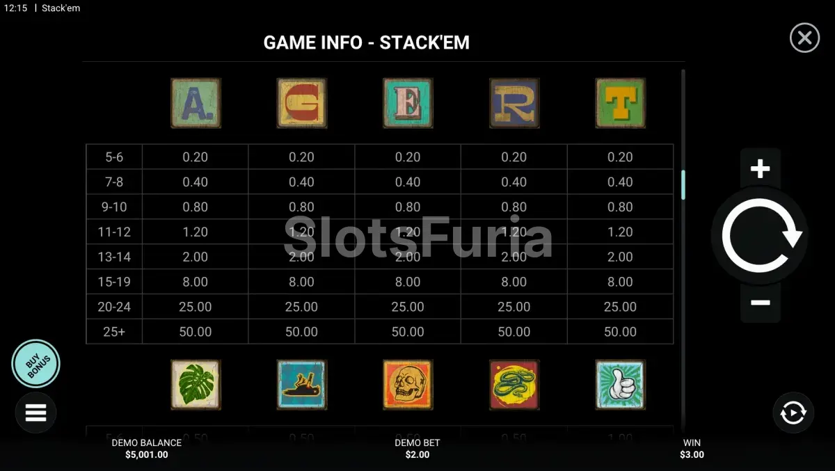 Tabla de pagos de Stack 'Em con todos los símbolos y sus valores