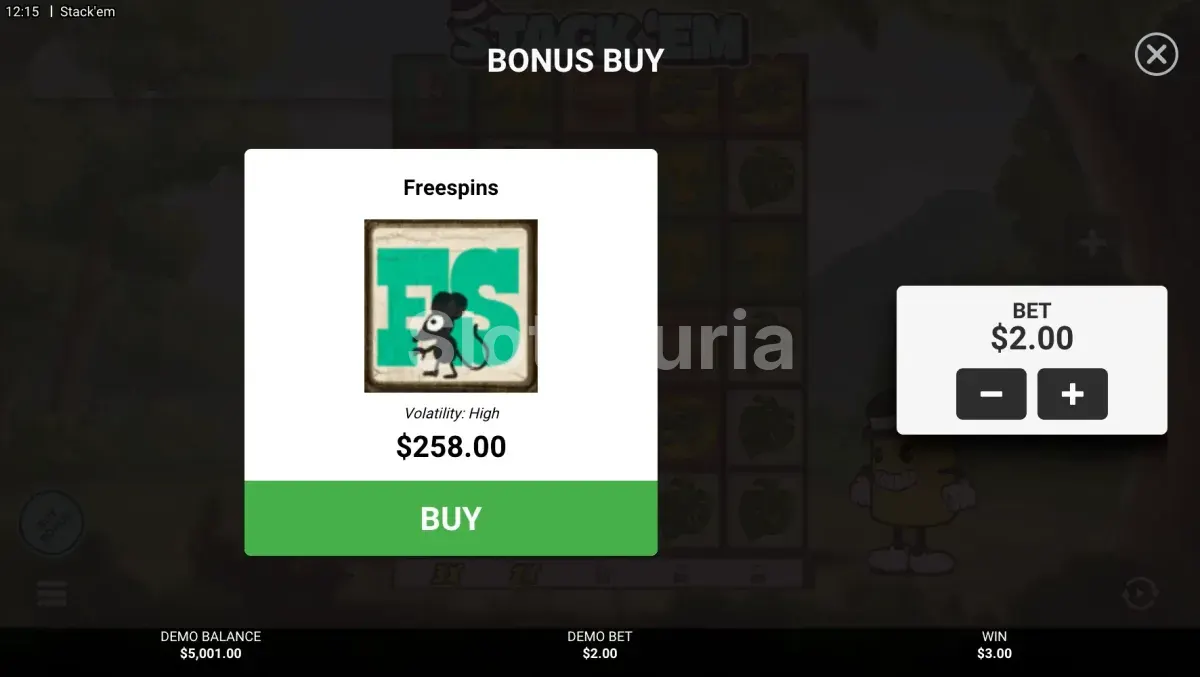 Opción de compra de bonus en Stack 'Em con el precio de 129x la apuesta