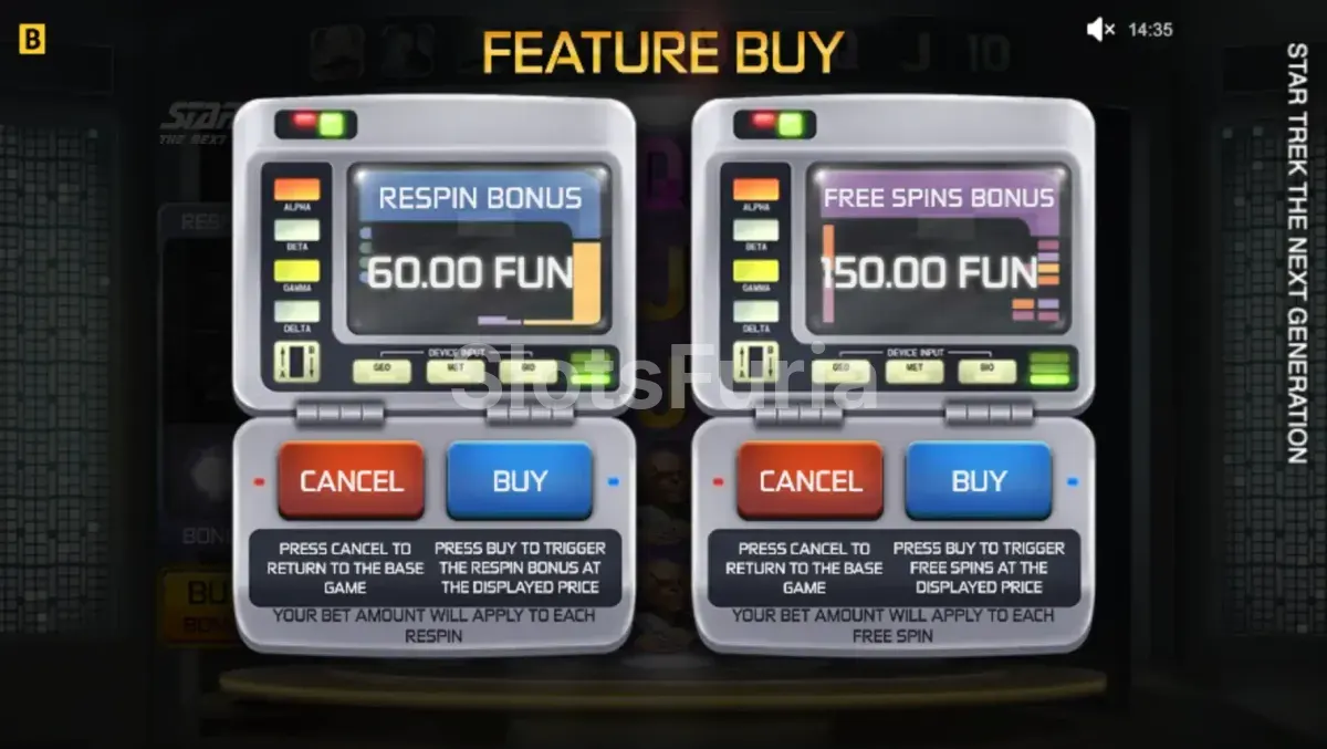 Pantalla de compra de bonus en Star Trek The Next Generation de BGaming