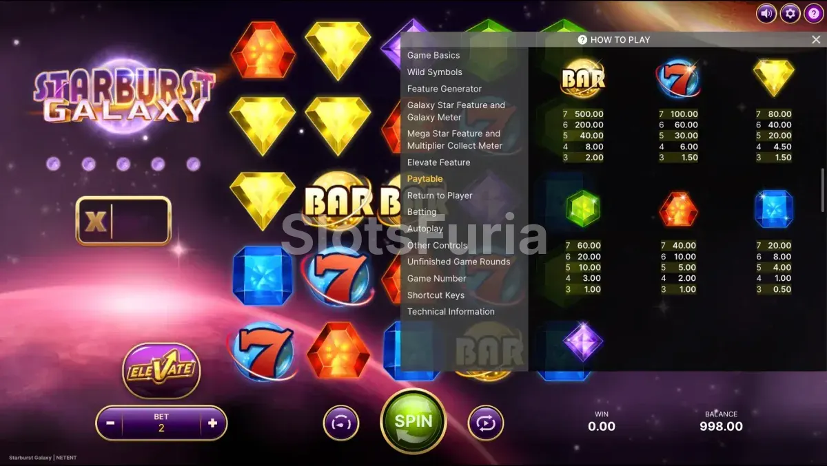 Tabla de pagos de Starburst Galaxy con todos los símbolos