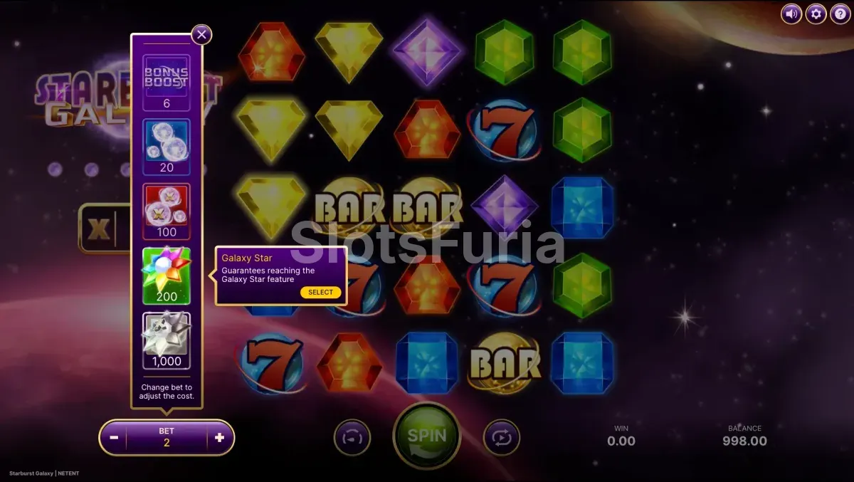 Menú de compra de Starburst Galaxy, tragamonedas espacial de NetEnt