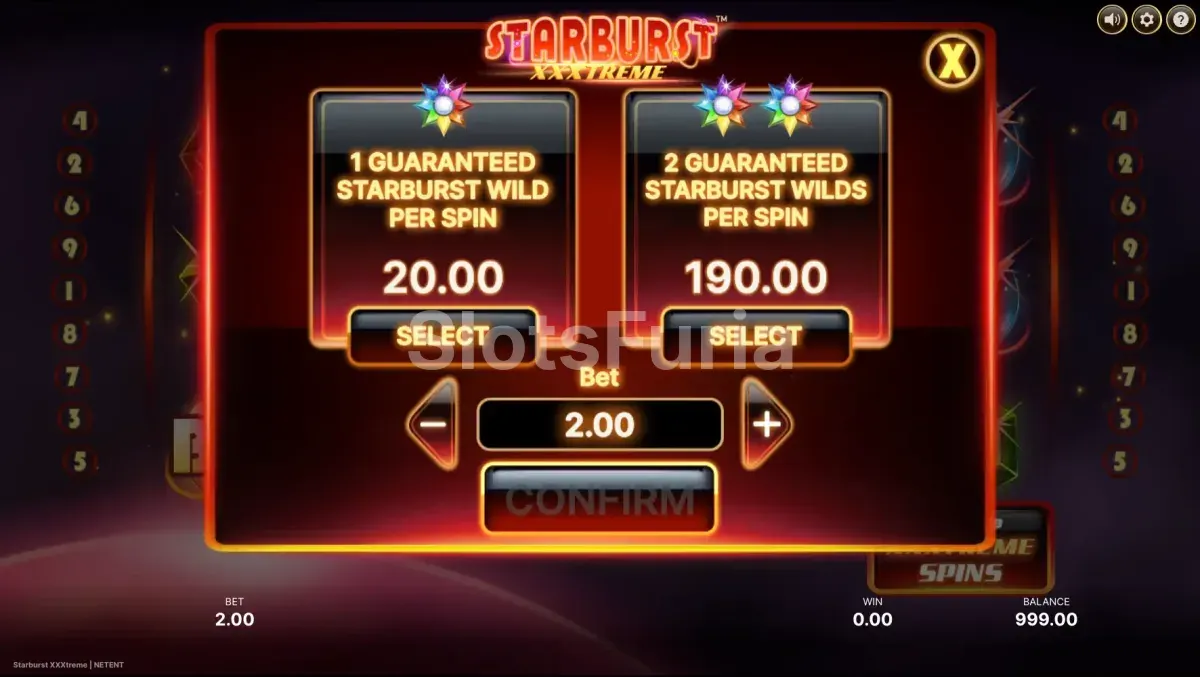 Menú de compra de comodines de Starburst XXXtreme, tragamonedas espacial de NetEnt