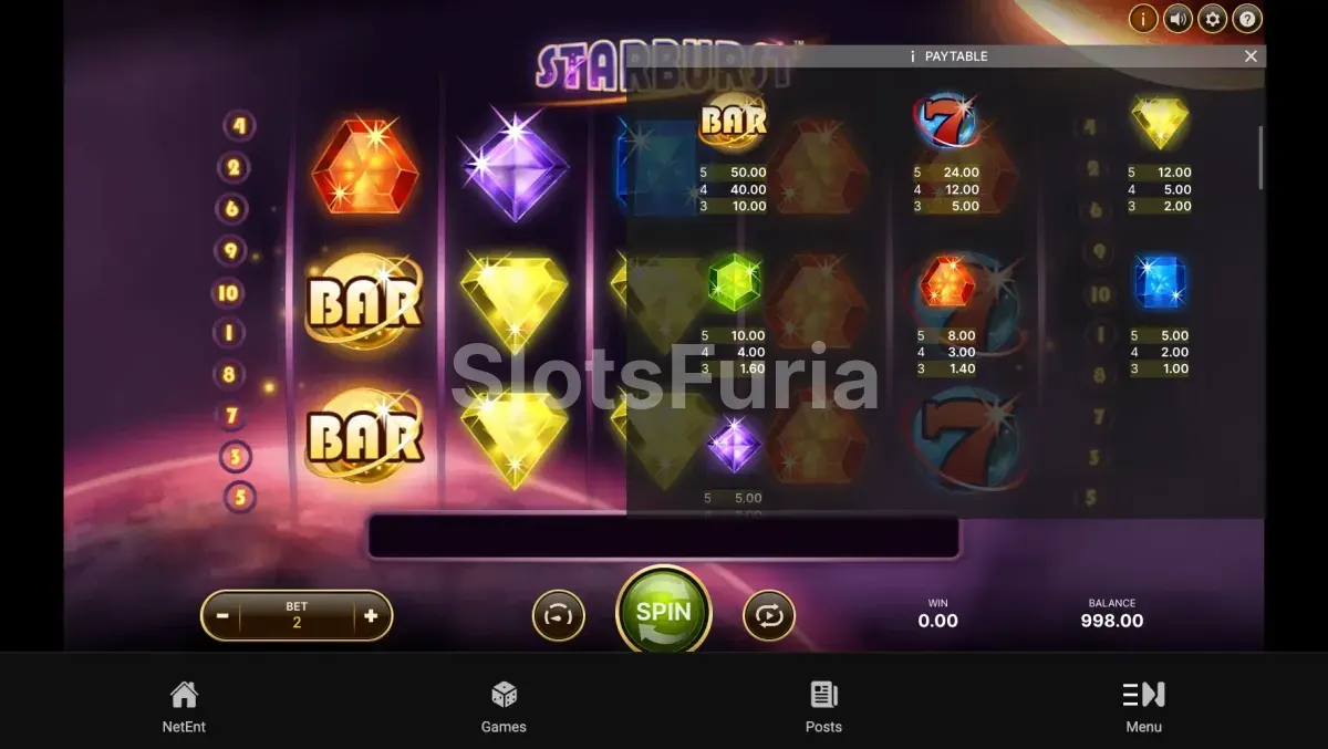 Tabla de pagos de Starburst con los valores de las gemas, el 7 y el BAR