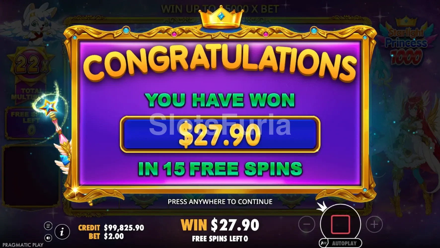 Gran victoria registrada en Starlight Princess 1000