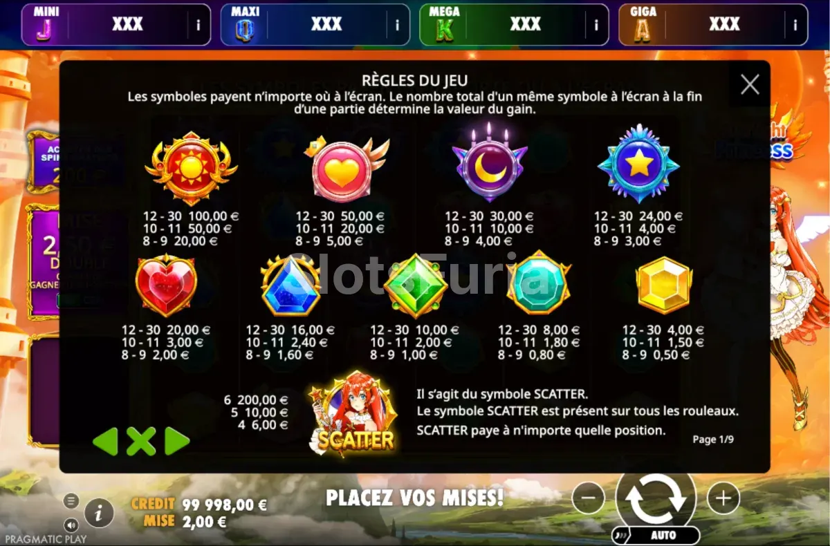 Tabla de pagos de Starlight Princess Oranje Jackpot con los valores de cada símbolo