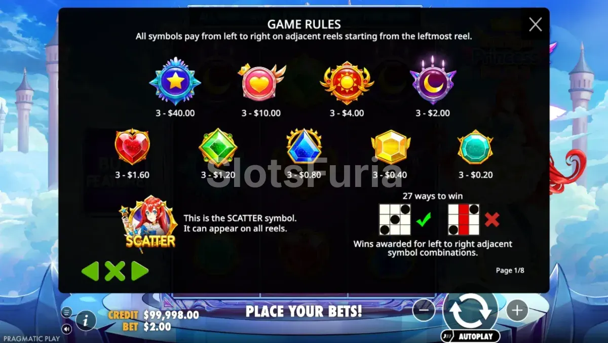 Tabla de pagos de los símbolos en Starlight Princess Pachi