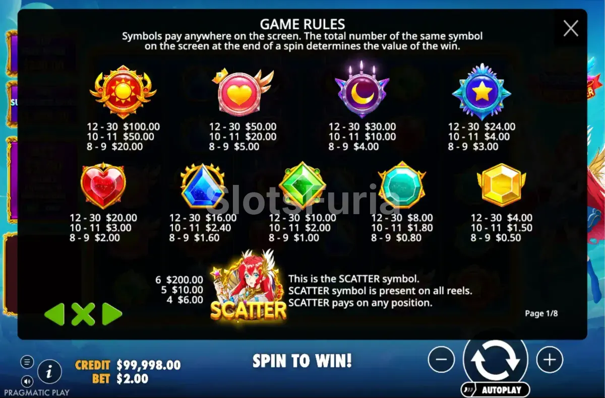 Tabla de pagos y símbolos de Starlight Princess Super Scatter