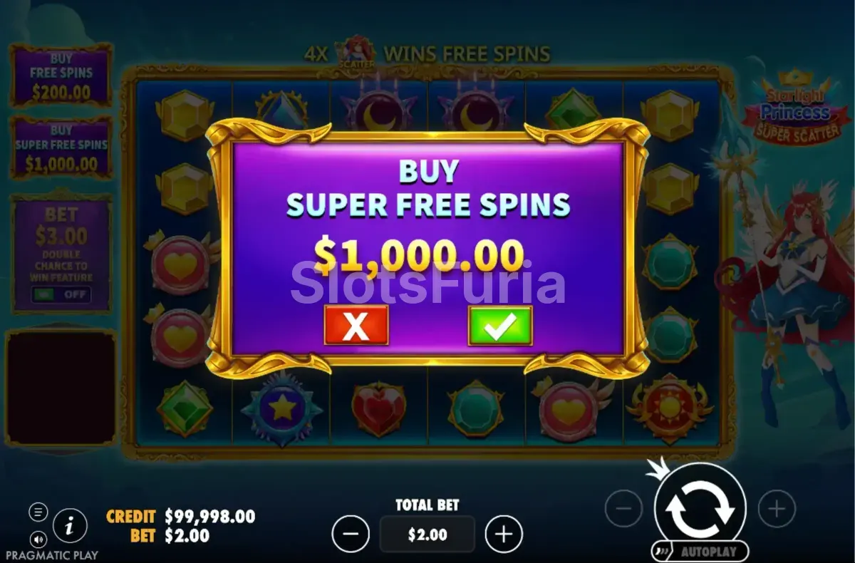 Pantalla de compra de bonos en Starlight Princess Super Scatter