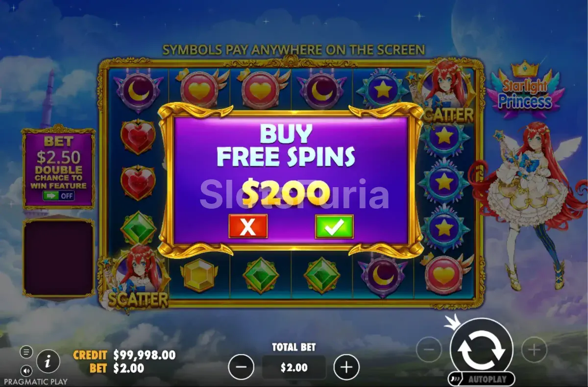 Pantalla de compra de bono de Starlight Princess por 100x