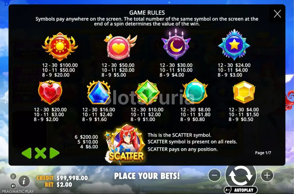 Tabla de pagos de Starlight Princess con gemas y emblemas
