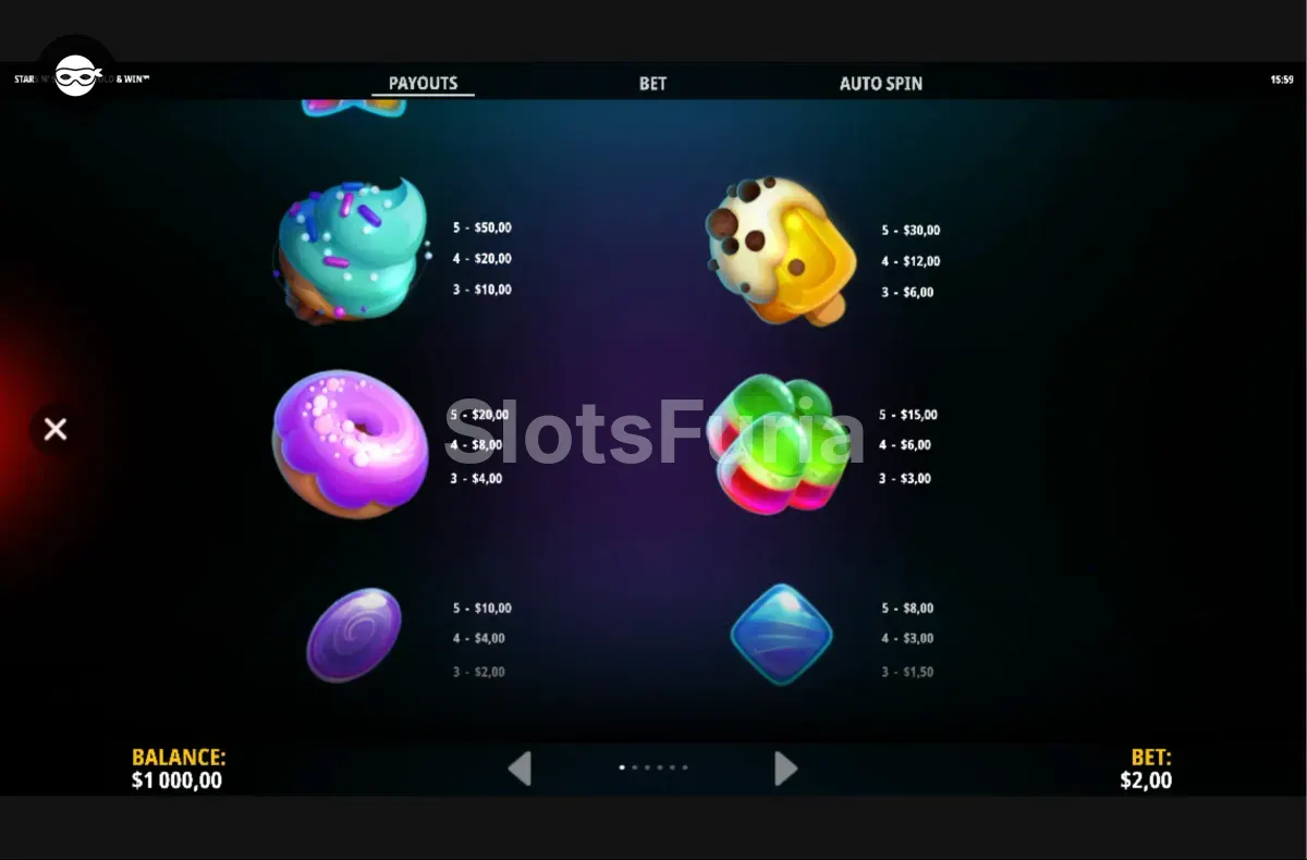 Tabla de pagos de Stars n' Sweets Hold & Win con todos los símbolos y sus valores