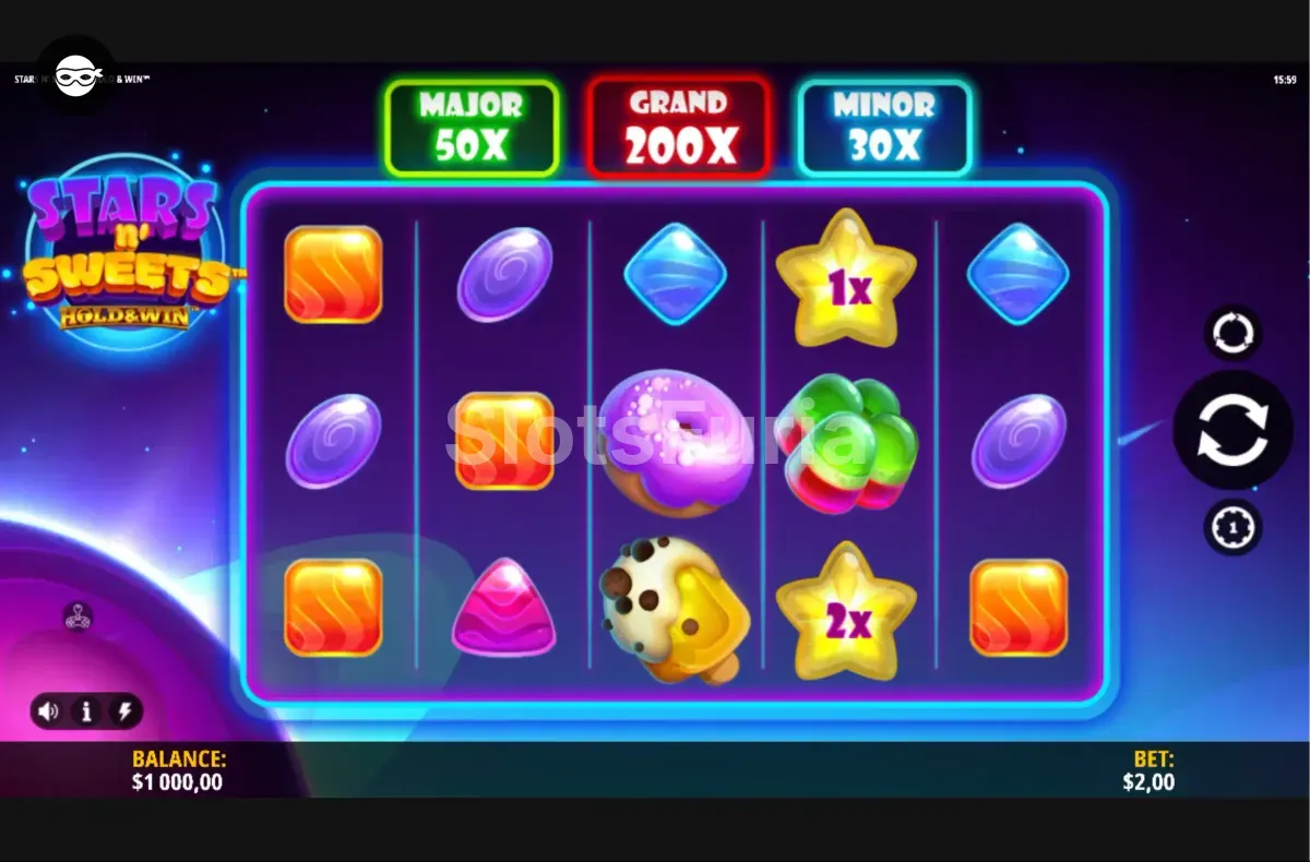 Pantalla principal del juego base de Stars n' Sweets Hold & Win con dulces y estrellas