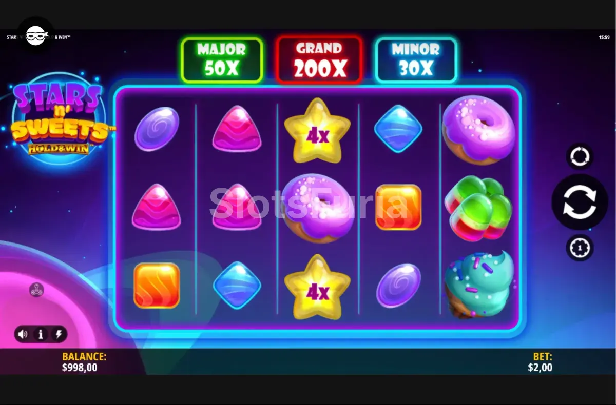 Segunda vista del juego base de Stars n' Sweets Hold & Win mostrando símbolos especiales en acción