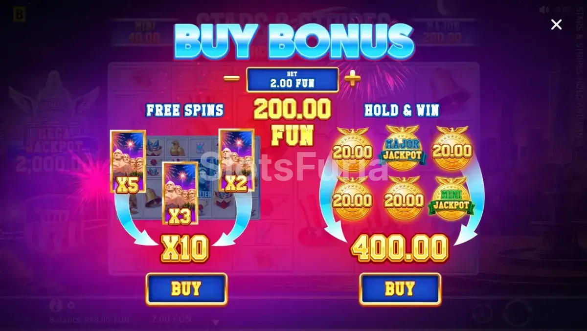Pantalla de compra de bonus en Stars & Stripes Hold and Win de BGaming