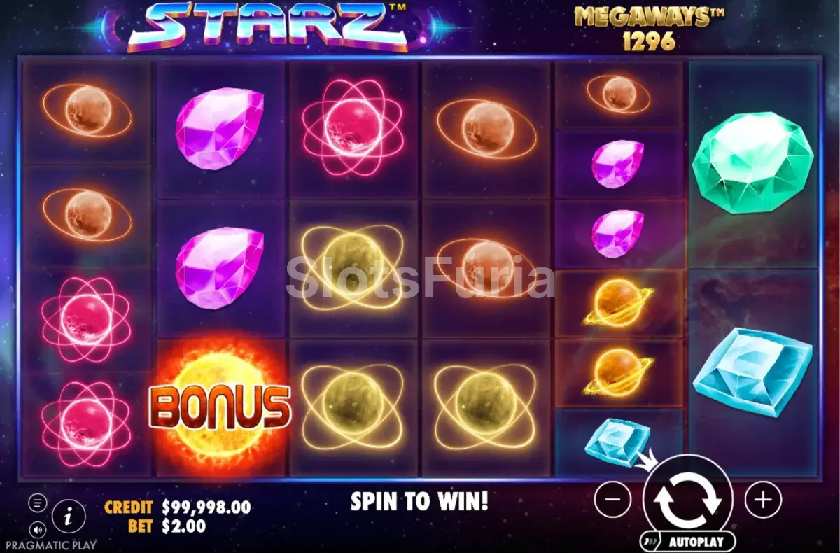 Pantalla principal de la tragamonedas Starz Megaways con el cosmos de fondo