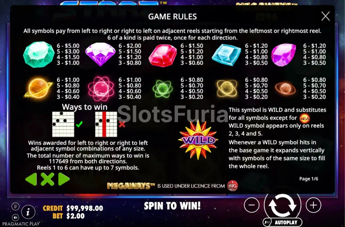 Tabla de pagos de Starz Megaways con todos los símbolos y multiplicadores