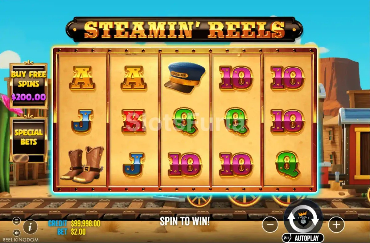 Pantalla principal del juego base de Steamin Reels con los rieles en acción