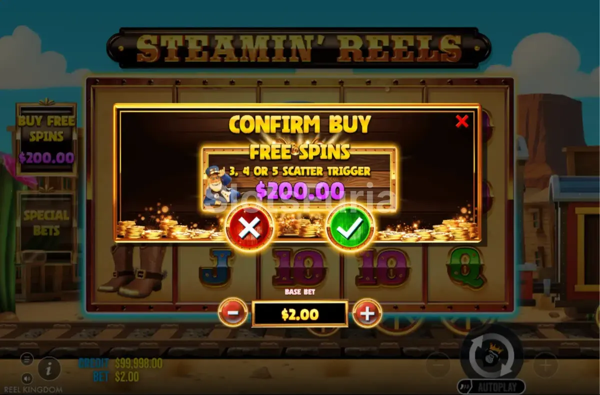 Opción de compra de bono en Steamin Reels con precios y tipos disponibles