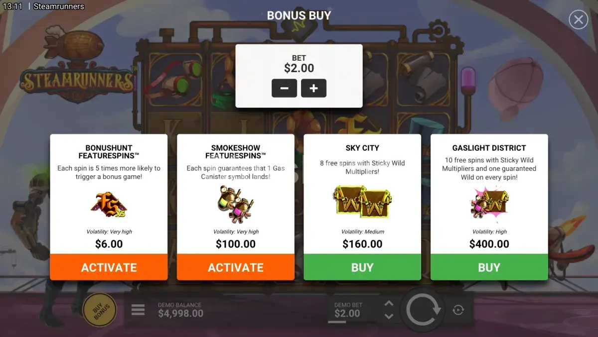 Pantalla de compra de bonus en Steamrunners de Hacksaw Gaming