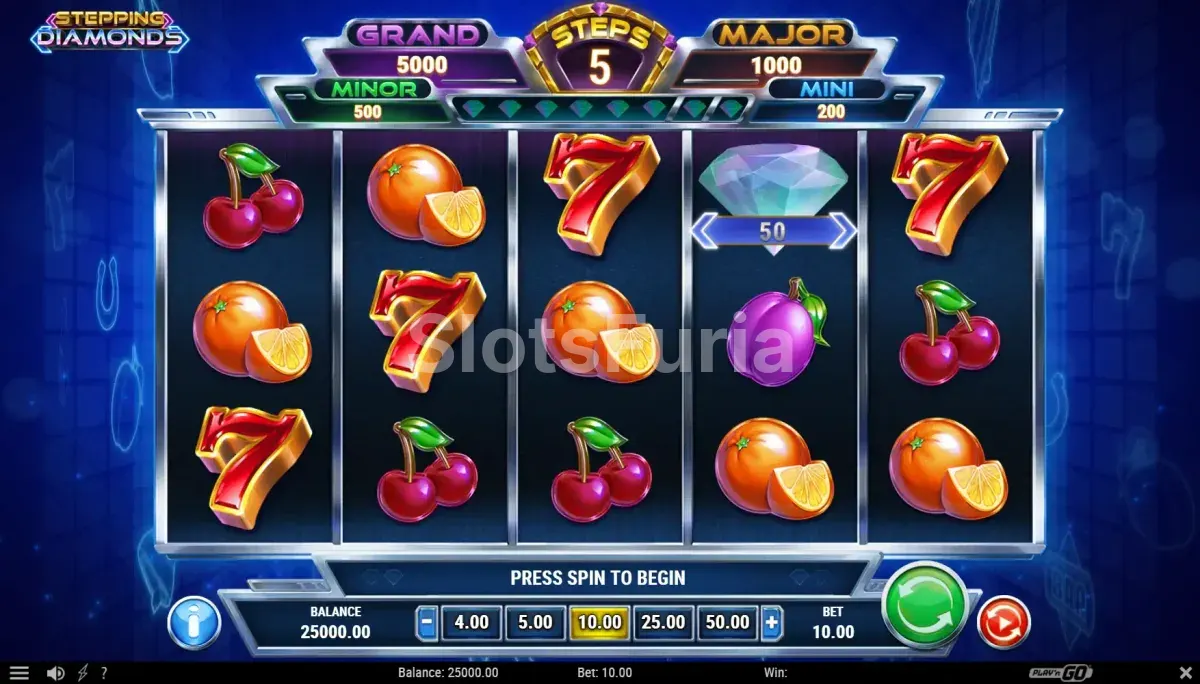 Pantalla principal de Stepping Diamonds con los reeles de fruta clásica