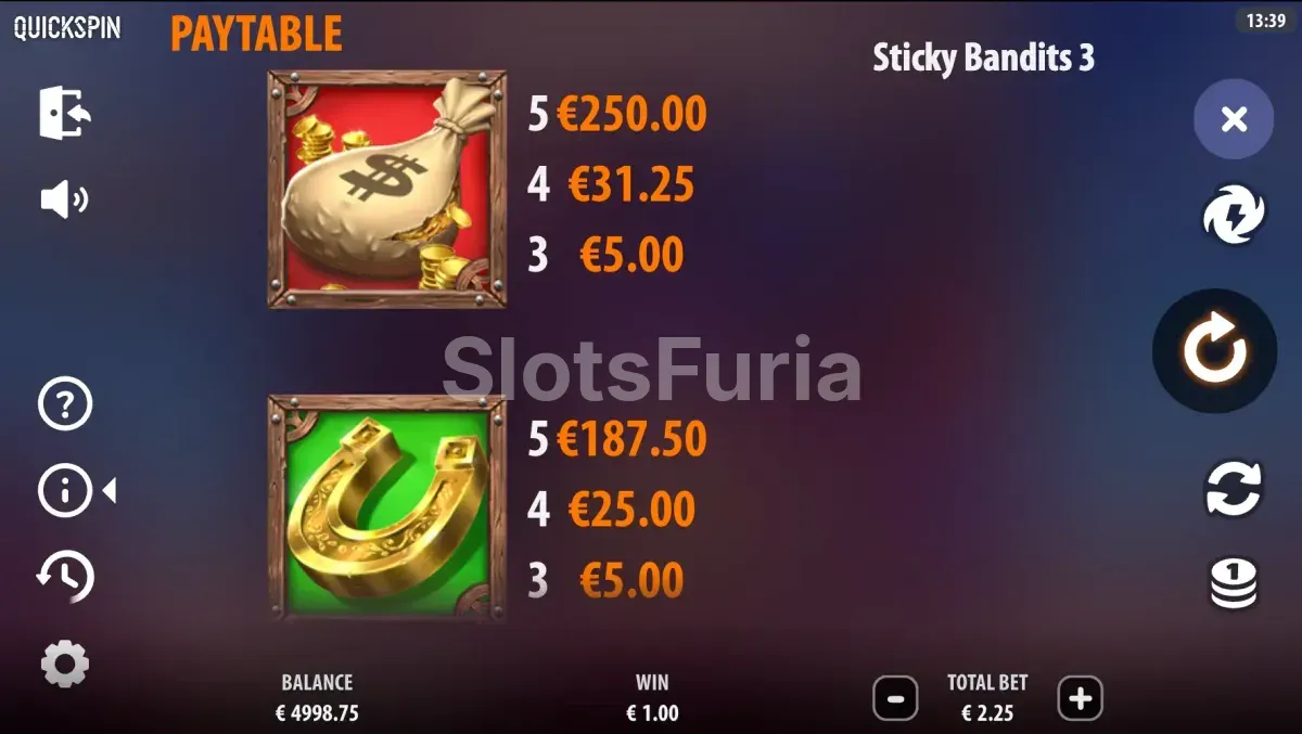Tabla de pagos completa de Sticky Bandits 3 Most Wanted con valores de cada símbolo