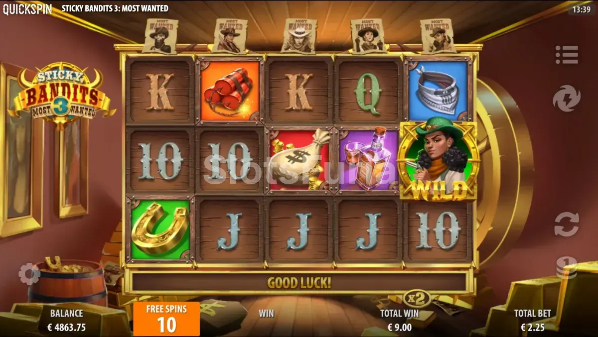 Ronda de giros gratuitos en Sticky Bandits 3 Most Wanted con wilds pegajosos activos