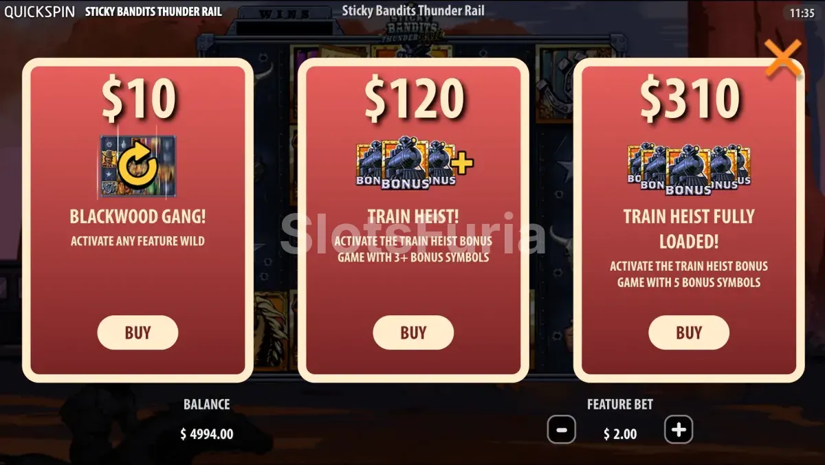 Pantalla de compra de bonus en Sticky Bandits Thunder Rail