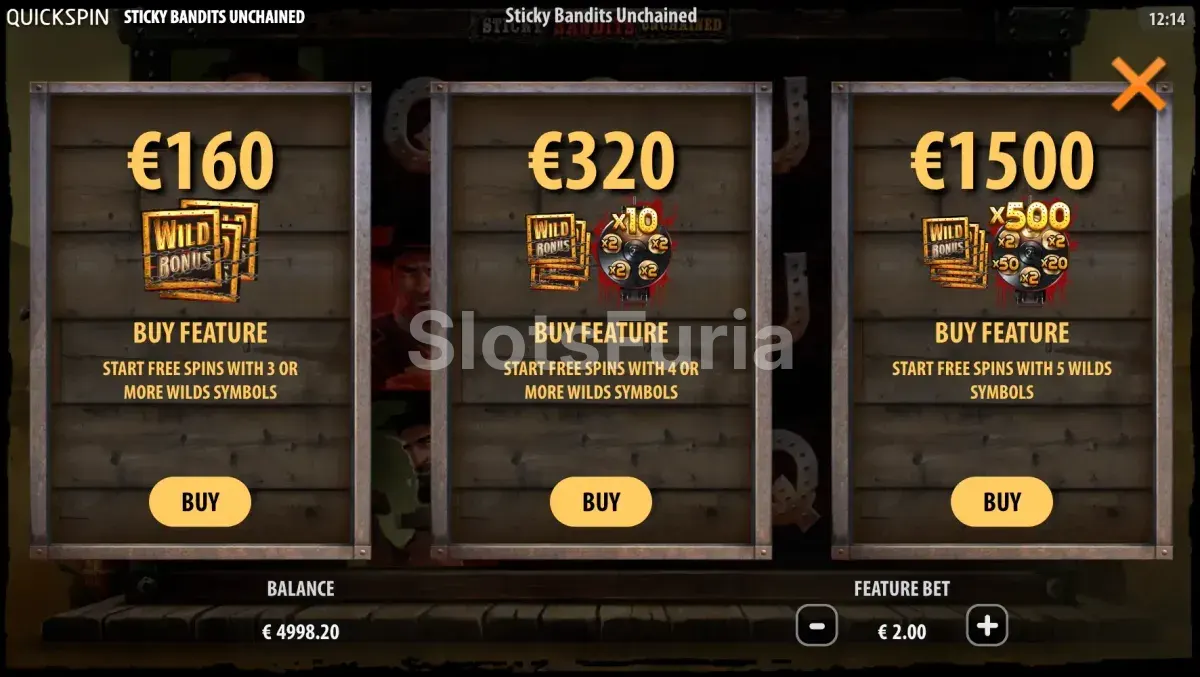 Pantalla de compra de bonus en Sticky Bandits Unchained