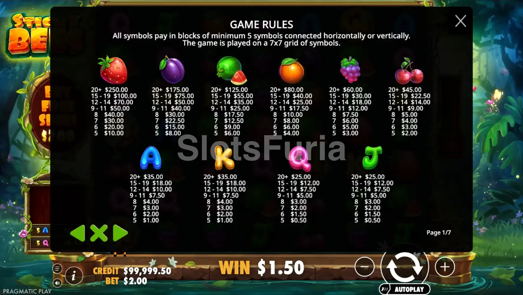 Tabla de pagos de Sticky Bees con símbolos y premios