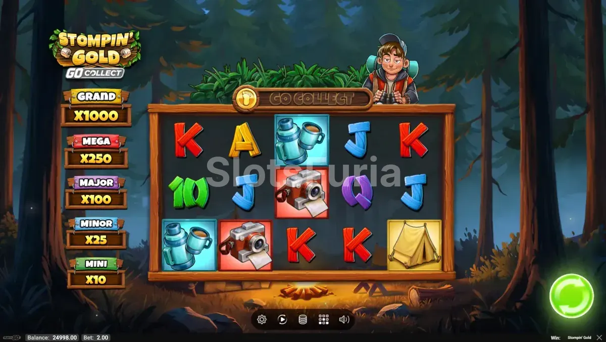 Pantalla principal de Stompin' Gold con Biggie y Boogie en el bosque