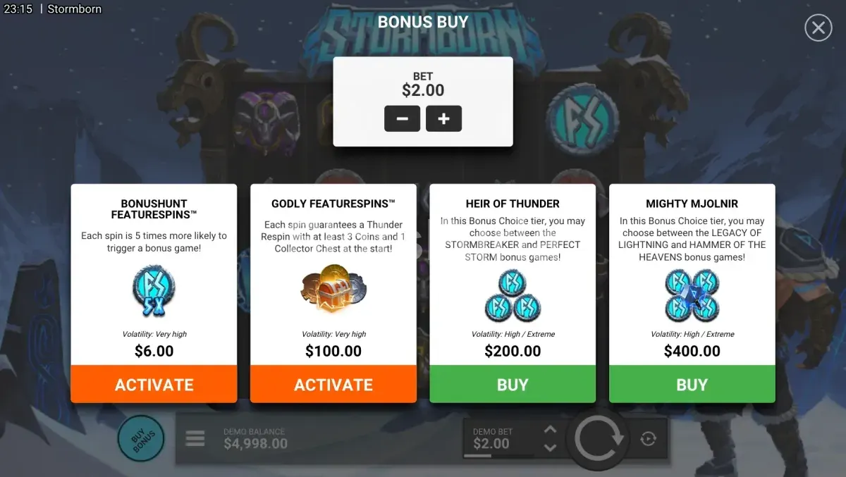 Menú de compra de bonus de la slot Stormborn de Hacksaw Gaming