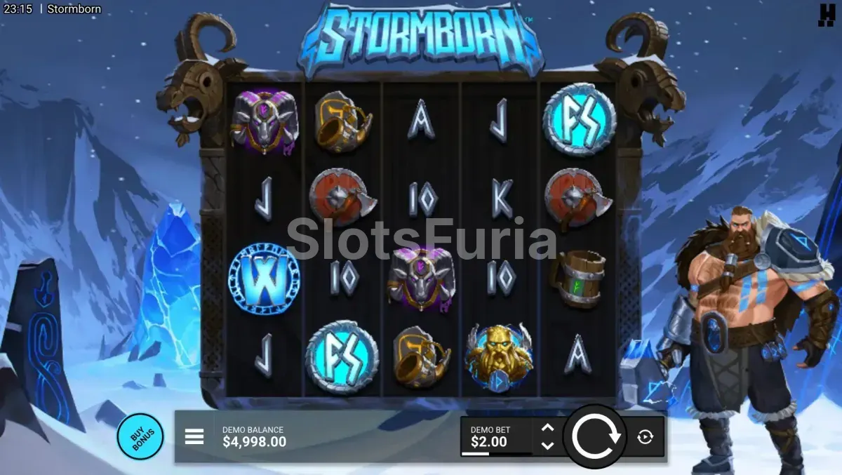 Pantalla principal del juego Stormborn con el guerrero nórdico