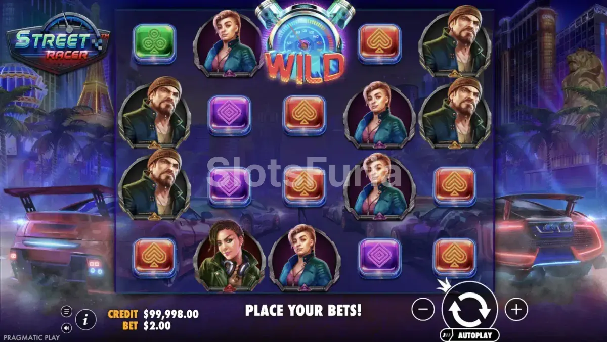 Pantalla principal de Street Racer con la ciudad de Las Vegas de fondo
