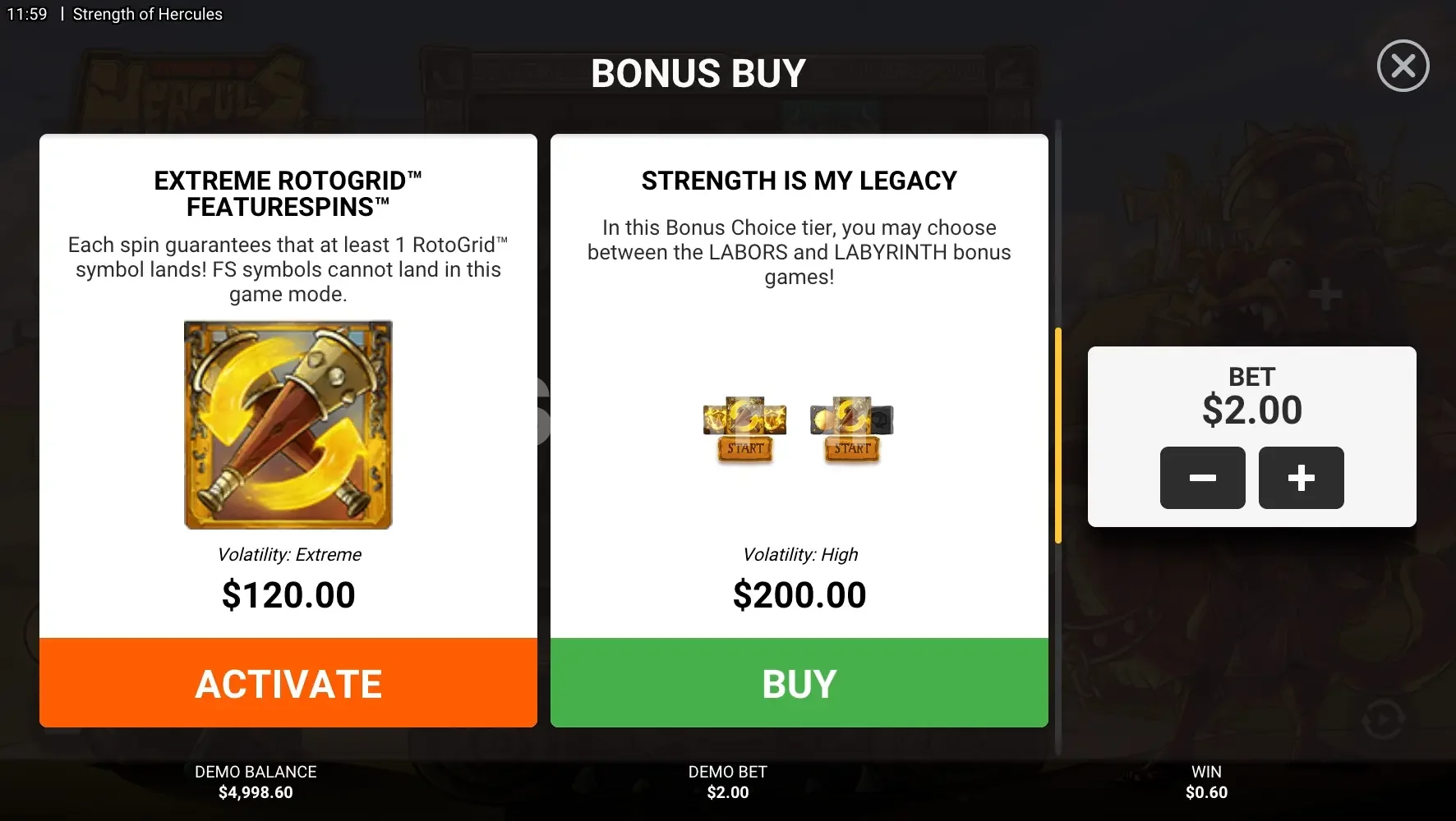 Pantalla de compra de bonus en Strength of Hercules