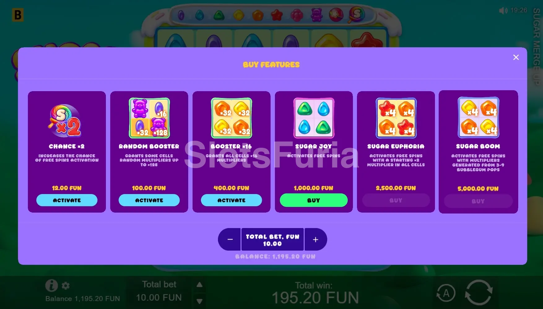 Pantalla de compra de bono en Sugar Merge Up con opciones disponibles